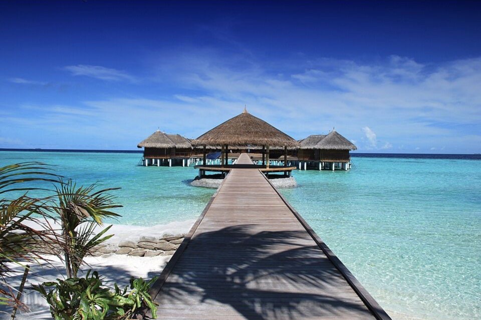 A wooden walkway leading to villas over turquoise water in the Maldives