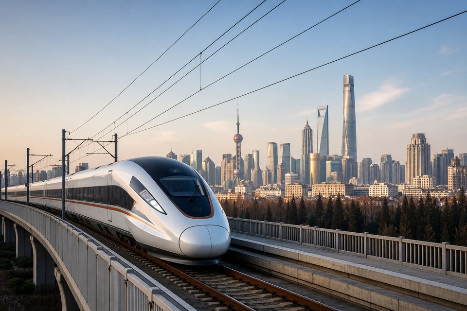 Chinese high-speed train with the Shanghai skyline beyond
