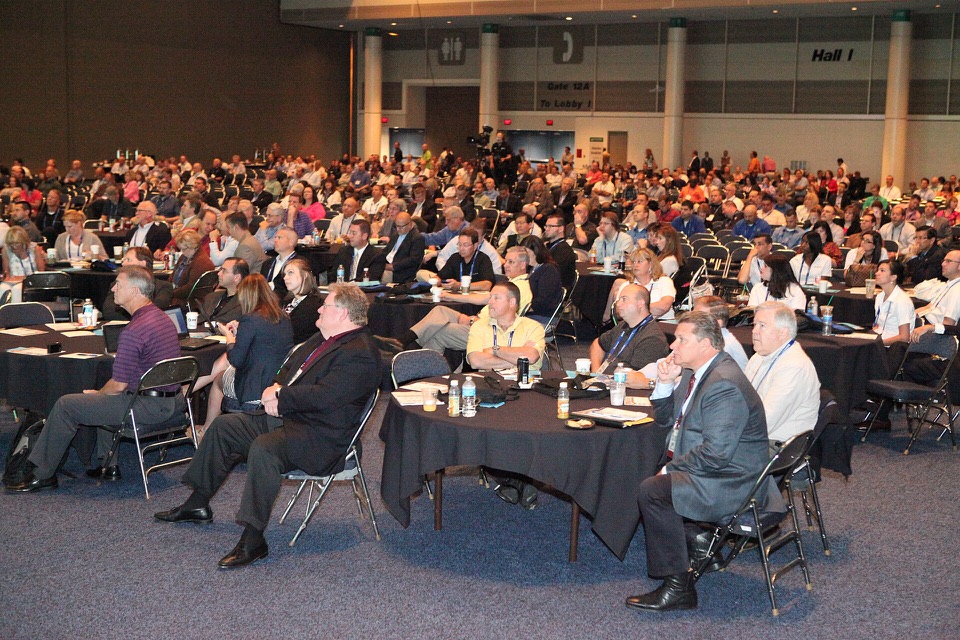 Business delegates gathering at a professional event